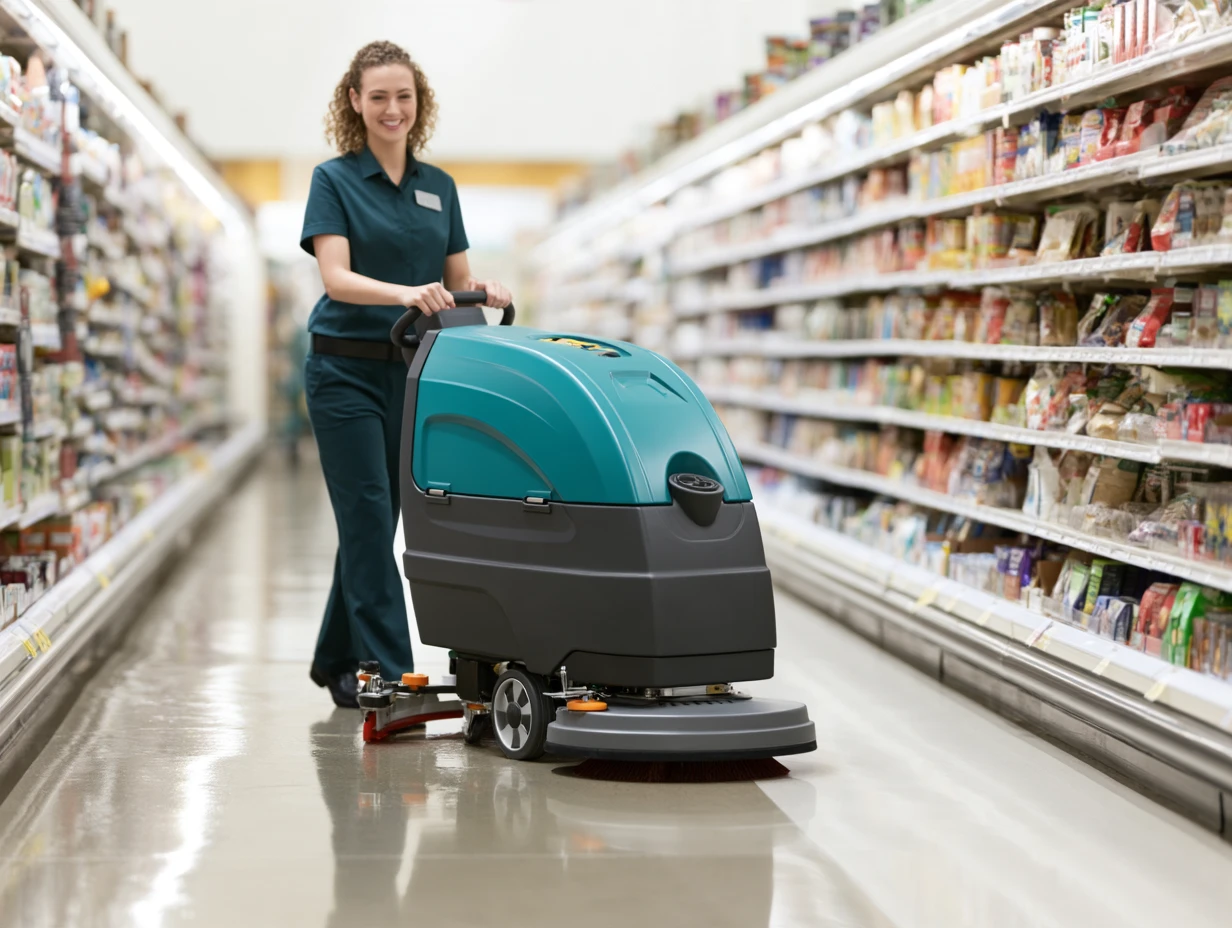 An operator cleaning a supermarket aisle with a JC60 walk-behind floor scrubber